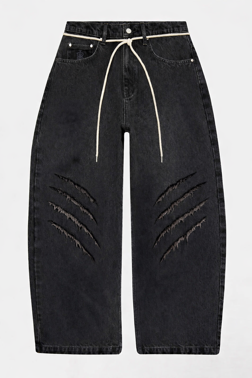 STRIVE Claw Denim — front, slashed barrel-leg jeans